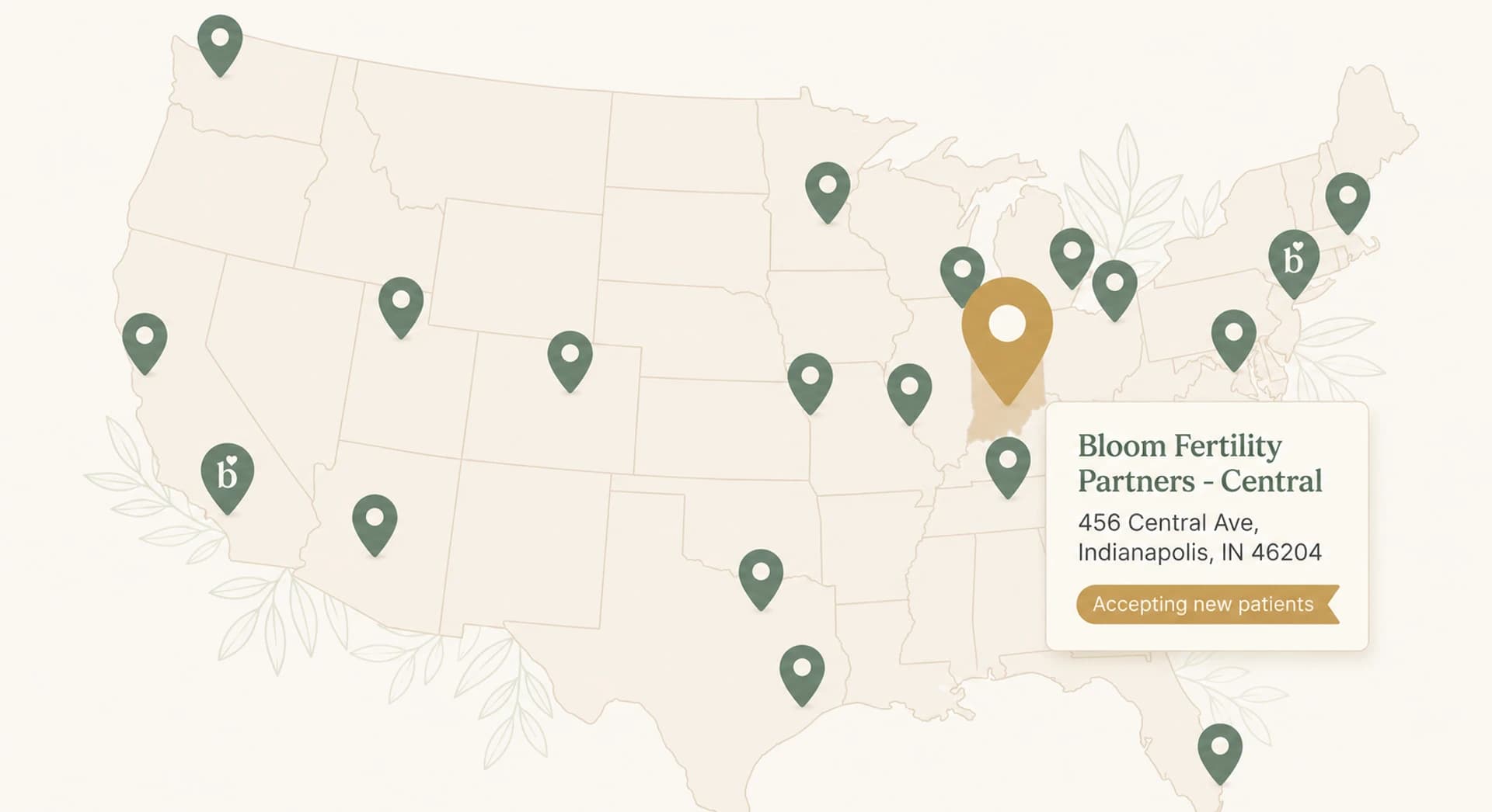 Map of Bloom-partnered fertility clinic locations across the United States