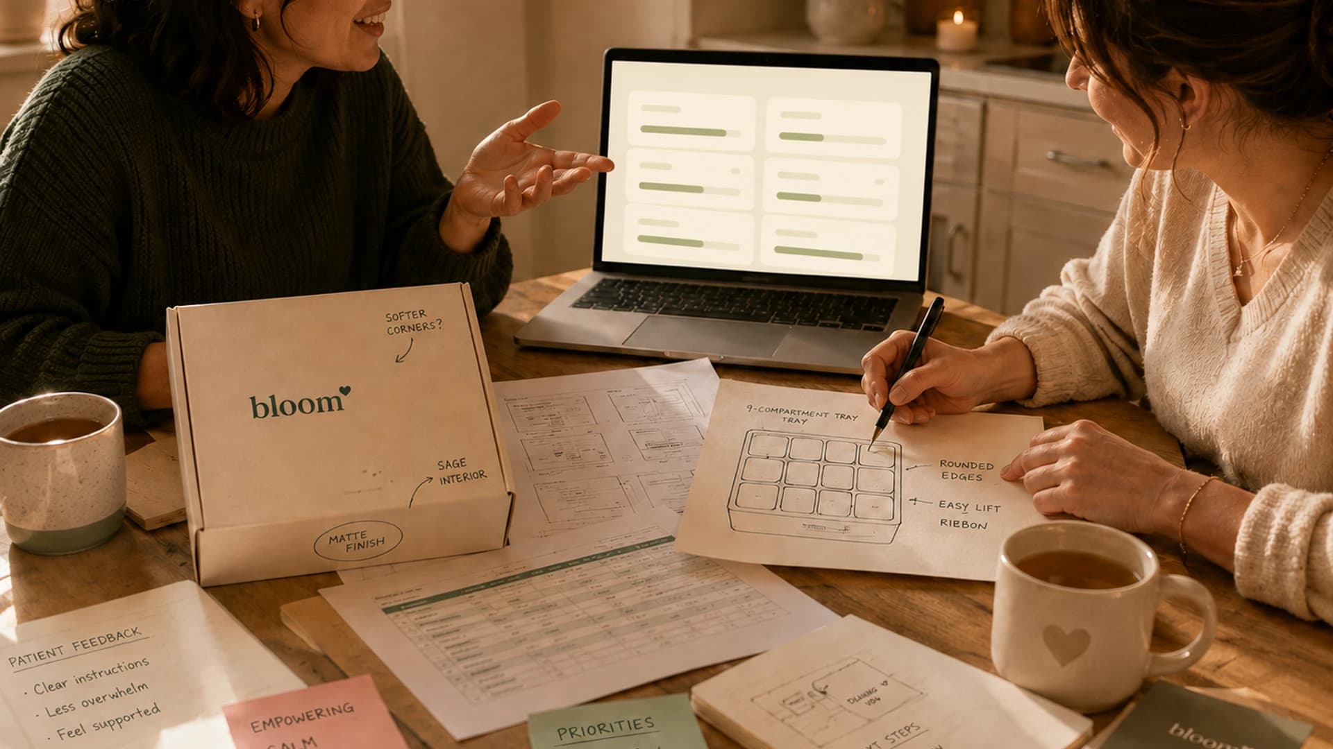 Two founders at a kitchen table sketching the nine-compartment tray beside an early Bloom Box prototype