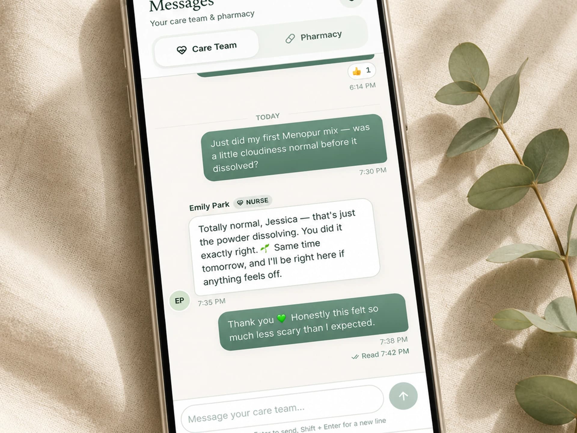 Phone showing a Bloom care-team conversation with a nurse's reassuring reply