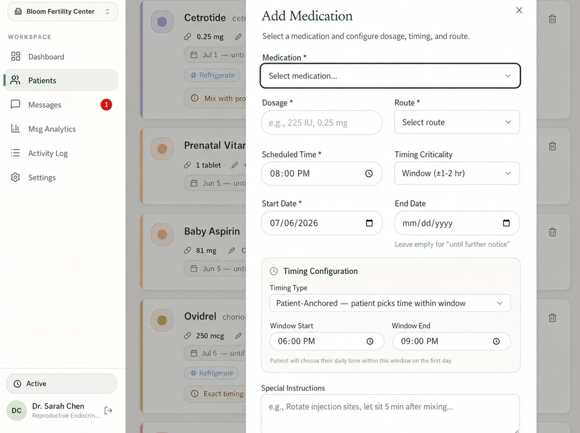 Clinic smart timing configuration showing Patient-Anchored, Clinic-Dictated, and Flexible options