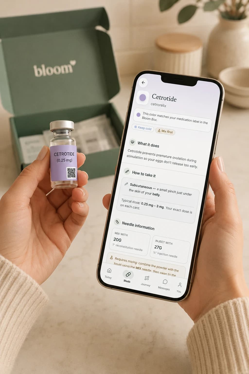 Hands holding a lavender Cetrotide vial and a phone showing its Bloom medication guide