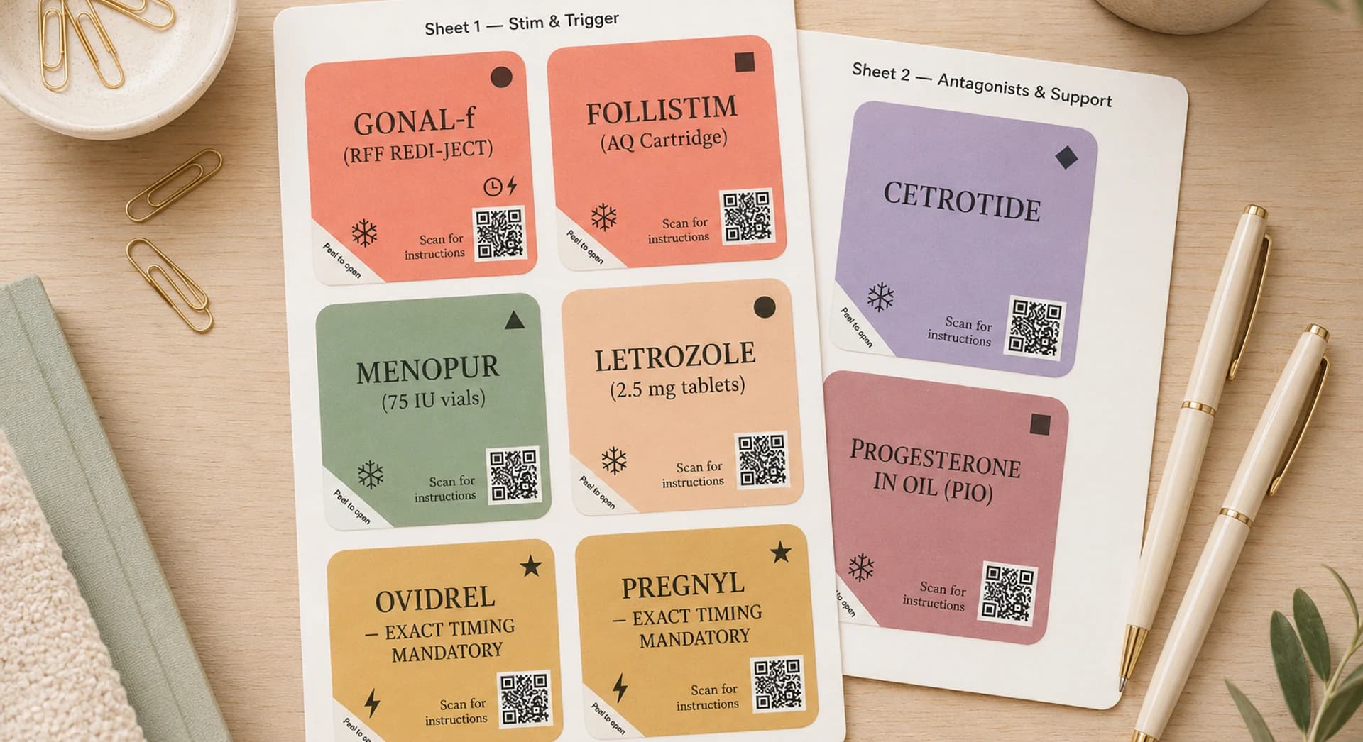 Two Bloom sticker sheets — Stim & Trigger and Antagonists & Support — each medication with its color, QR code, and peel-to-open tab