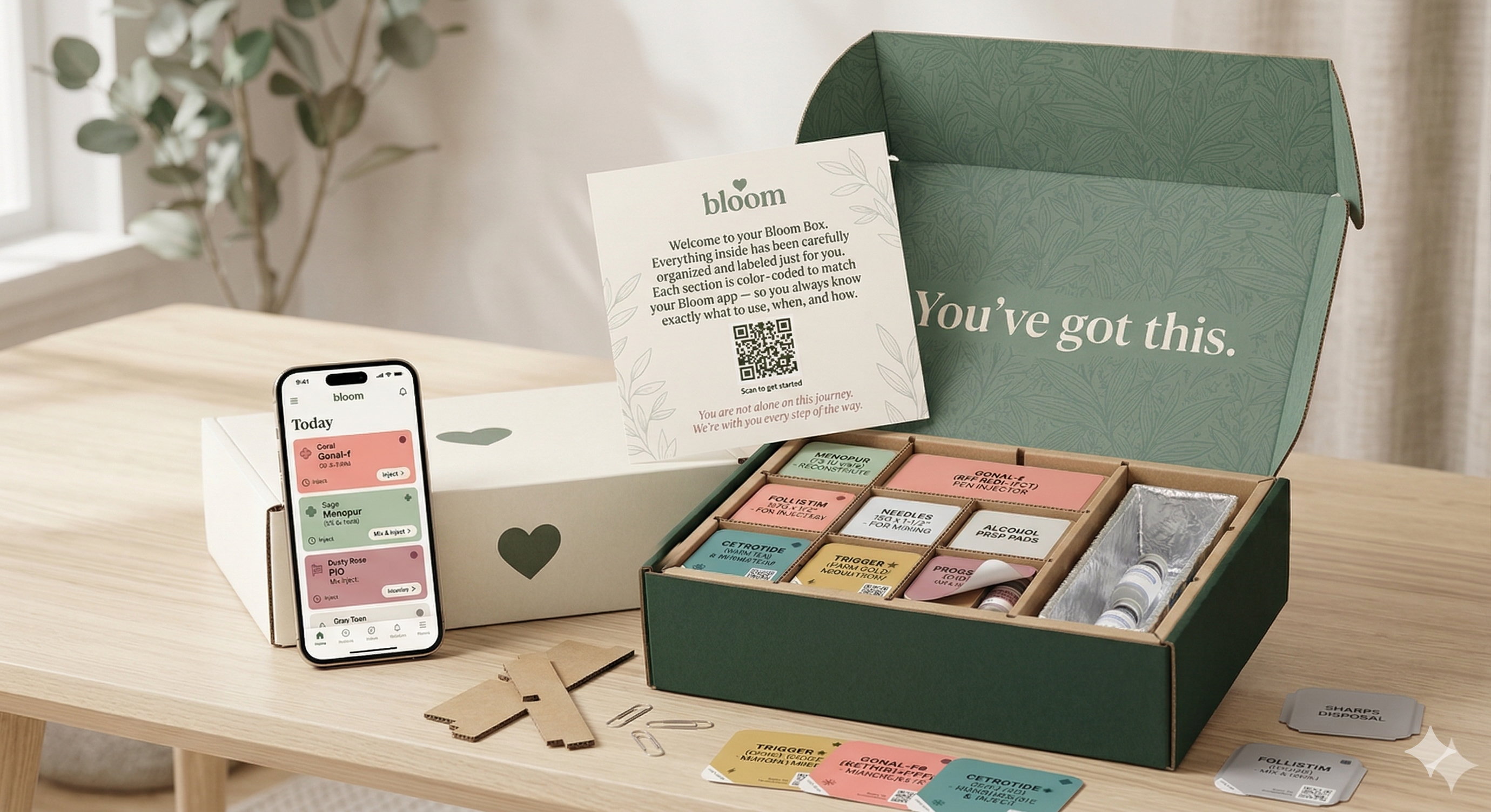 Bloom Box with phone app, welcome card, and color-coded sticker sheets