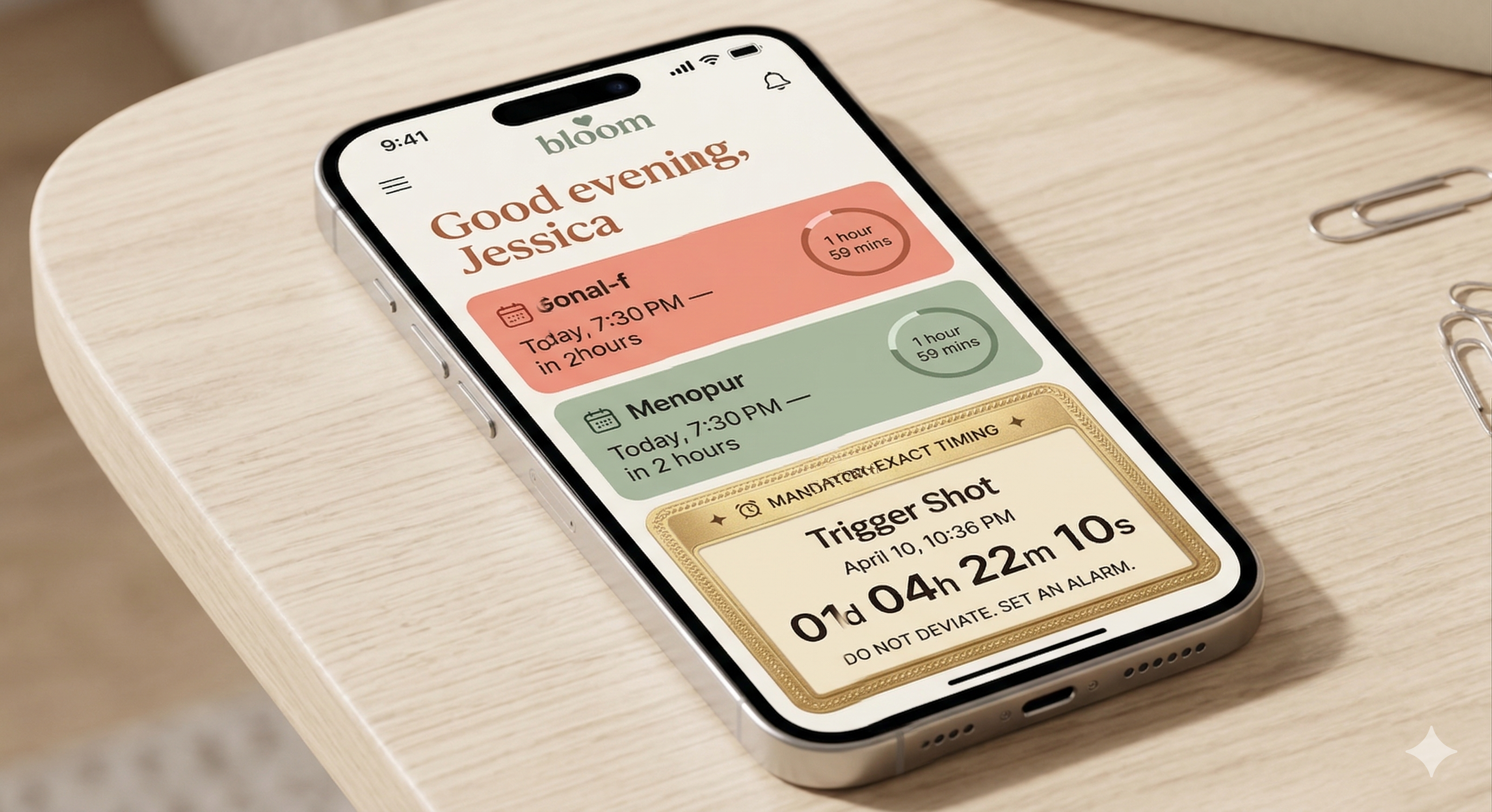 Bloom app smart timing interface showing medication countdown
